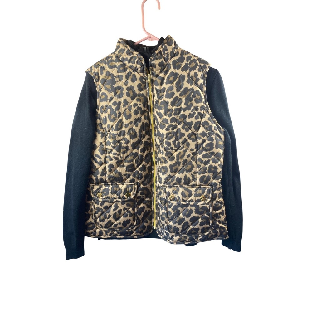 St Johns Bay Vest Womens Medium Leopard Print Mixed Media Quilted Full Zip